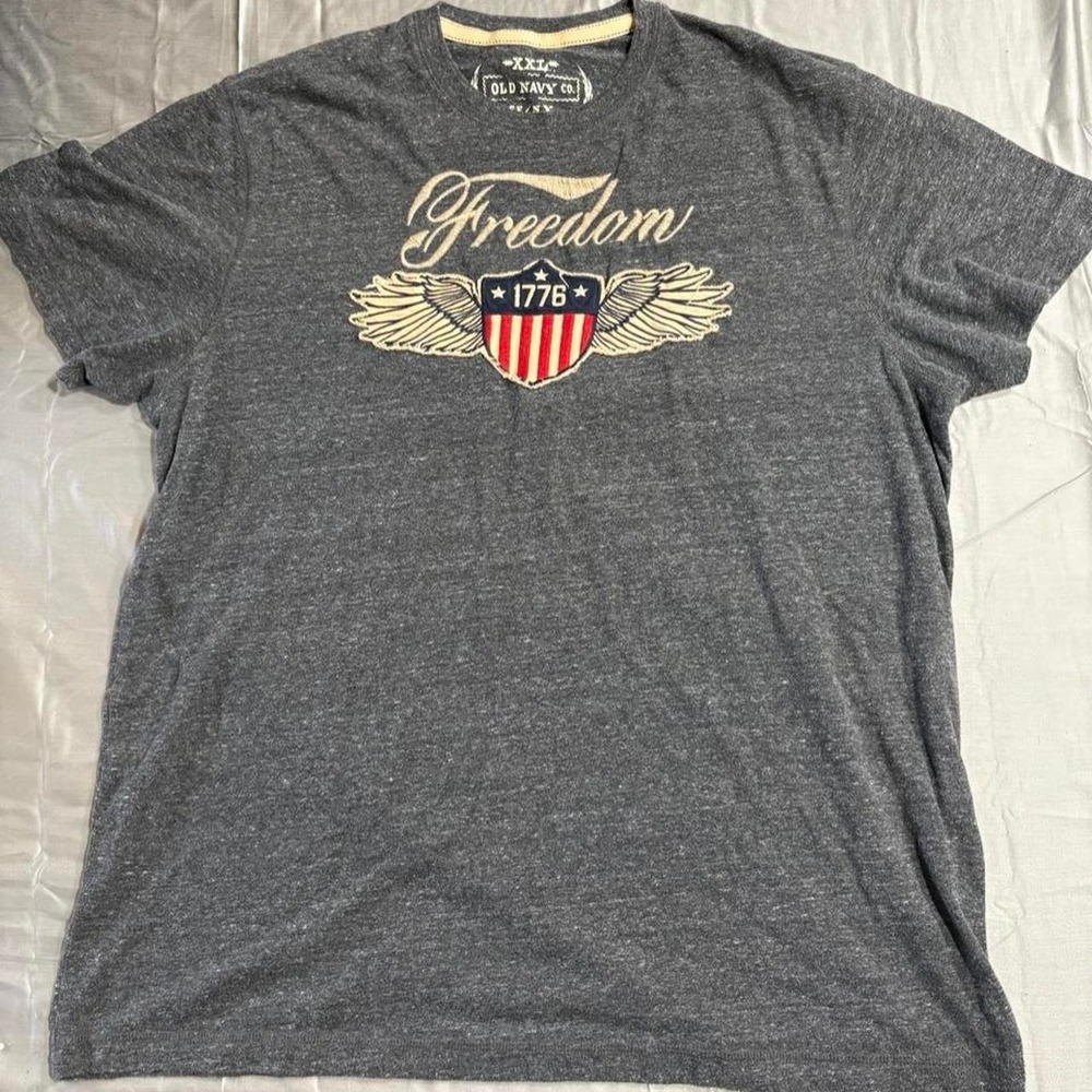 Old Navy grey embroidered graphic tee with American flag design.